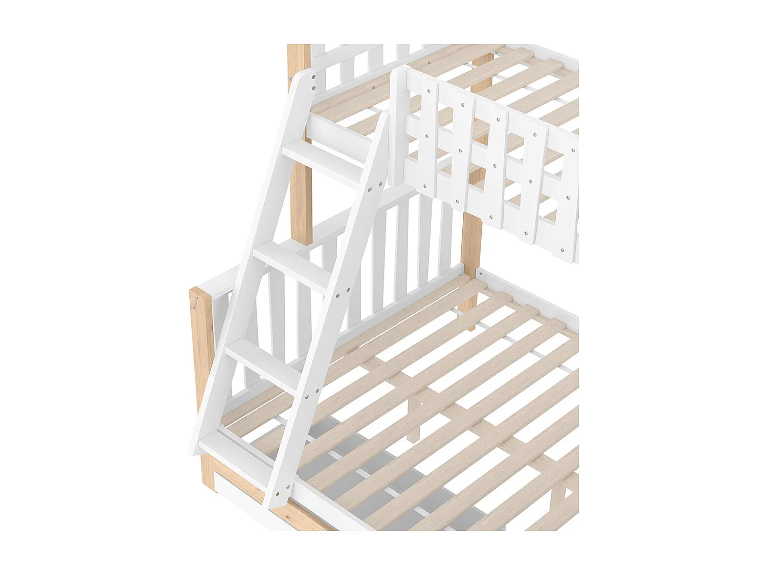 Lit superposé 90x200 cm et 140x200 cm barrière rampe échelle 2 tiroirs sans matelas blanc naturel