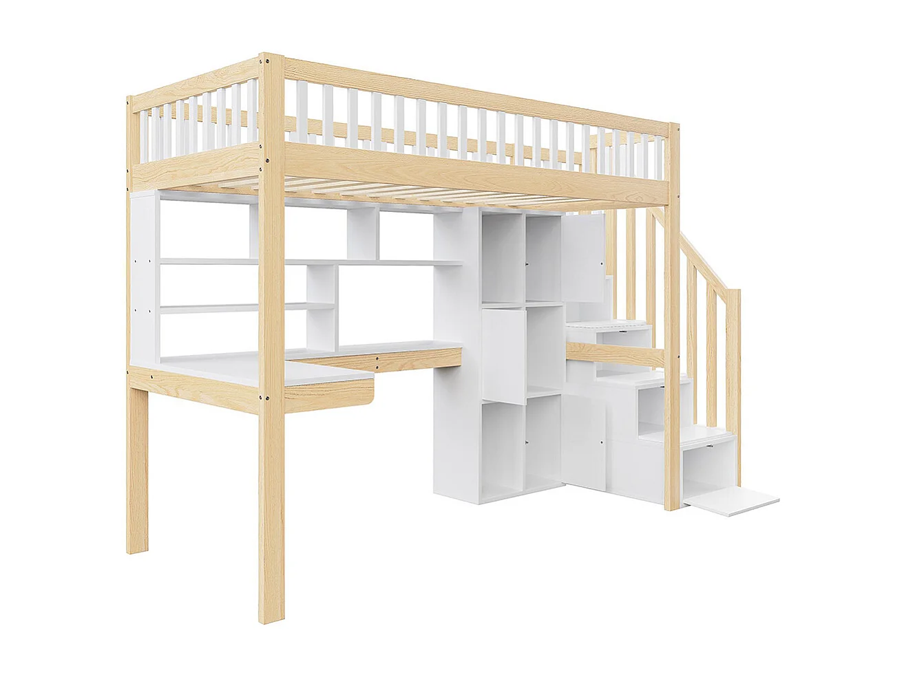 Lit mezzanine 90x200 cm LED échelle rangement étagères bureau sans matelas blanc naturel