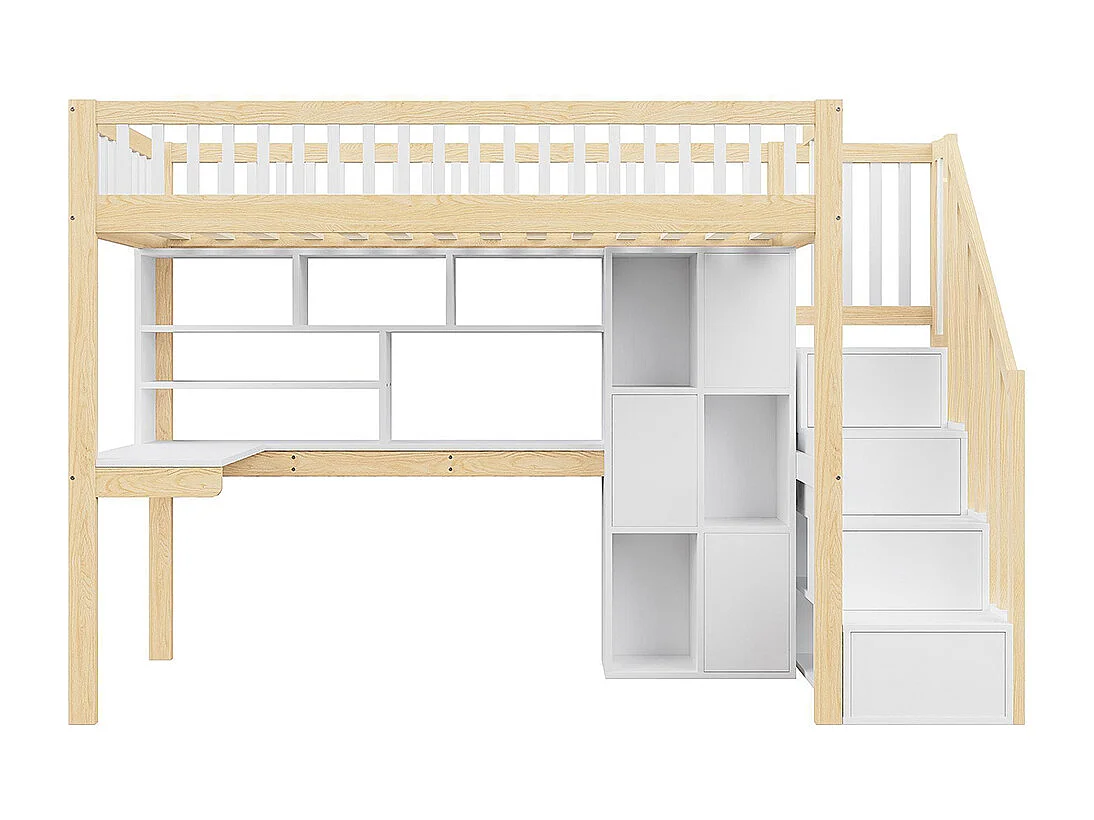 Lit mezzanine 90x200 cm LED échelle rangement étagères bureau sans matelas blanc naturel