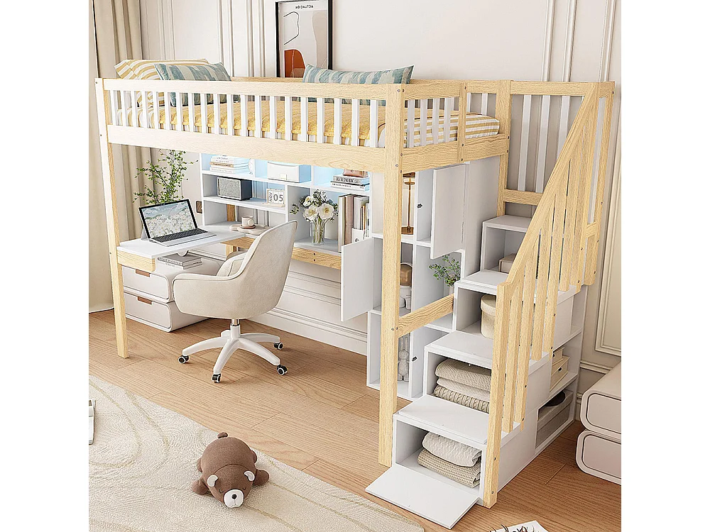 Lit mezzanine 90x200 cm LED échelle rangement étagères bureau sans matelas blanc naturel