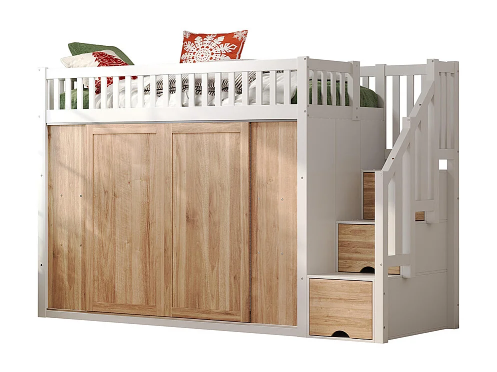 Letto a soppalco per bambini 90x200 cm multifunzionale con armadio sotto la scala e striscia luminosa bianco rovere