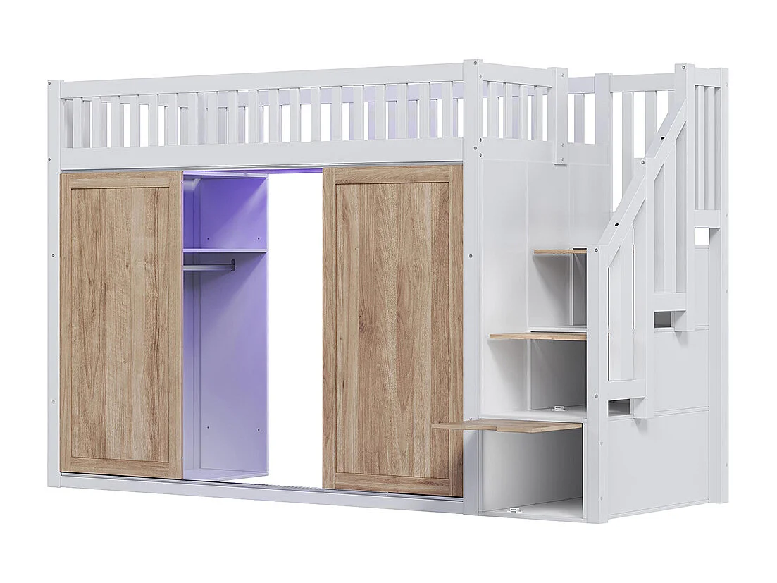 Letto a soppalco per bambini 90x200 cm multifunzionale con armadio sotto la scala e striscia luminosa bianco rovere