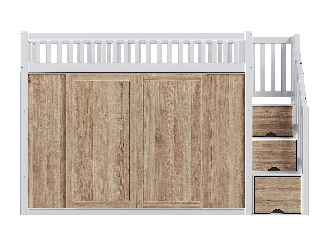 Letto a soppalco per bambini 90x200 cm multifunzionale con armadio sotto la scala e striscia luminosa bianco rovere