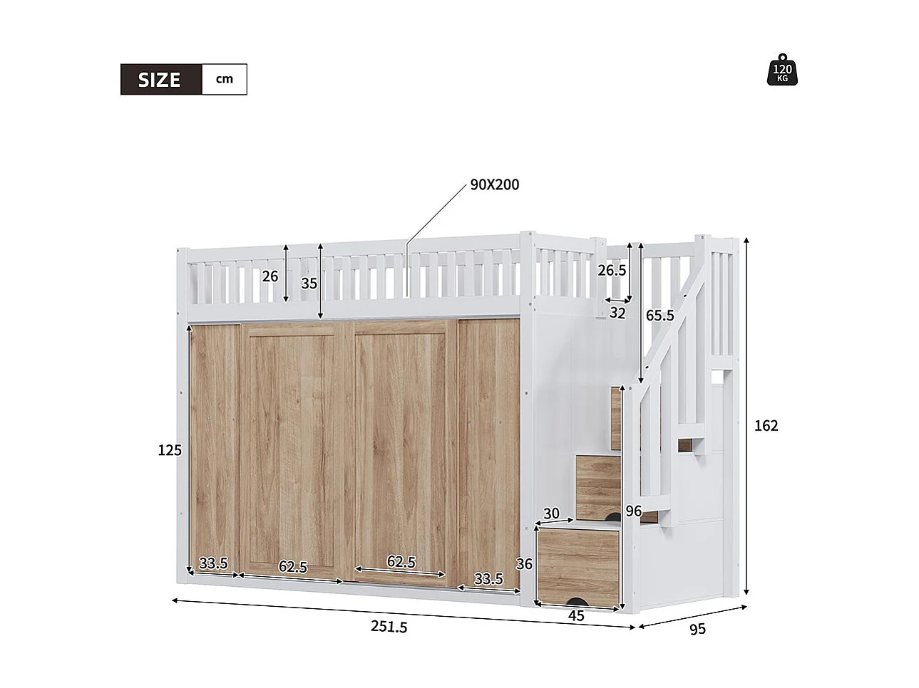 Letto a soppalco per bambini 90x200 cm multifunzionale con armadio sotto la scala e striscia luminosa bianco rovere