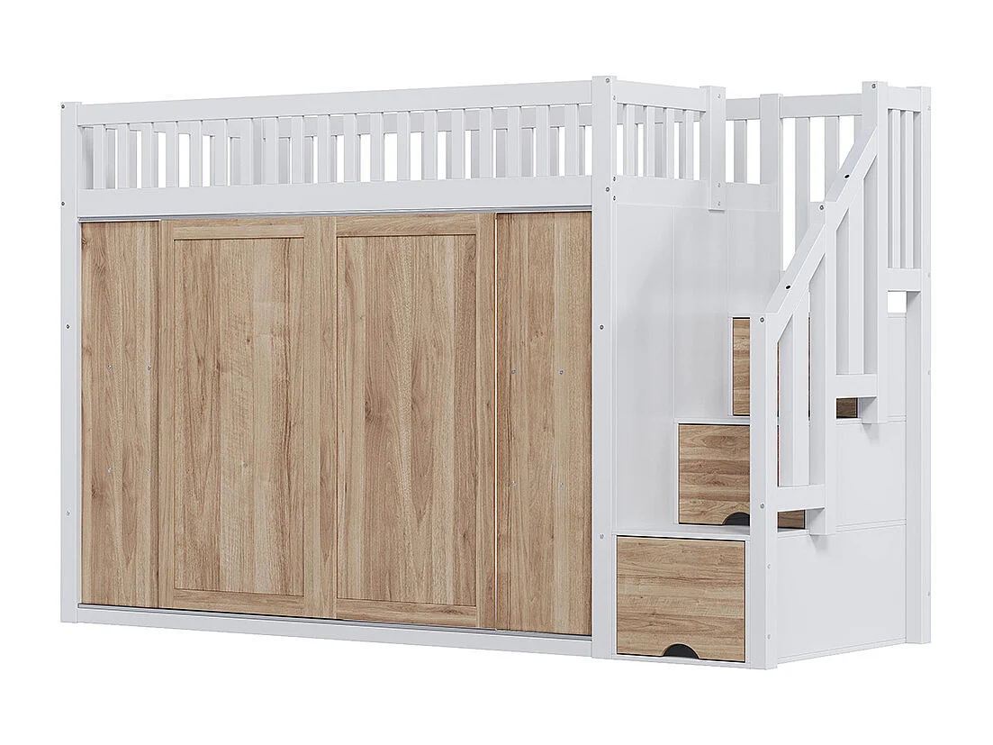 Letto a soppalco per bambini 90x200 cm multifunzionale con armadio sotto la scala e striscia luminosa bianco rovere