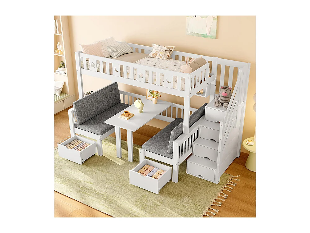 Lit mezzanine enfant 90x200 cm bureau 2 en 1 échelle barrière étoiles lune blanc