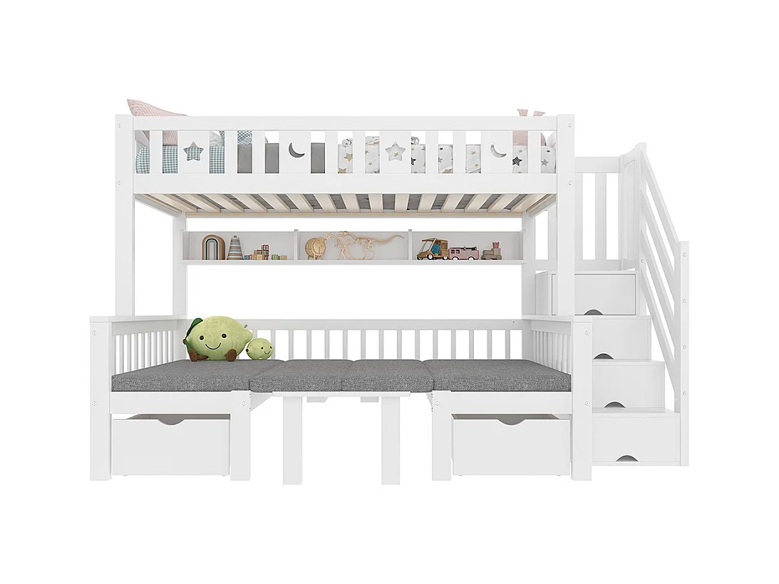 Lit mezzanine enfant 90x200 cm bureau 2 en 1 échelle barrière étoiles lune blanc