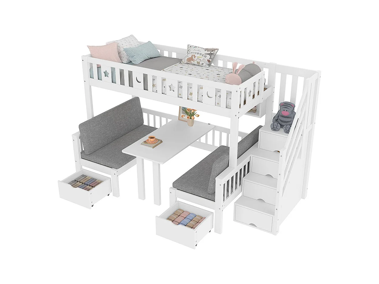 Lit mezzanine enfant 90x200 cm bureau 2 en 1 échelle barrière étoiles lune blanc