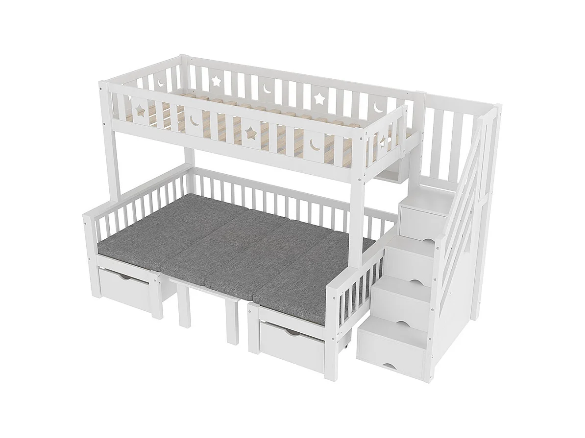 Lit mezzanine enfant 90x200 cm bureau 2 en 1 échelle barrière étoiles lune blanc
