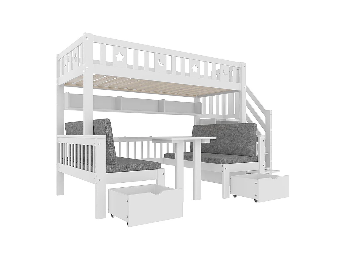 Lit mezzanine enfant 90x200 cm bureau 2 en 1 échelle barrière étoiles lune blanc