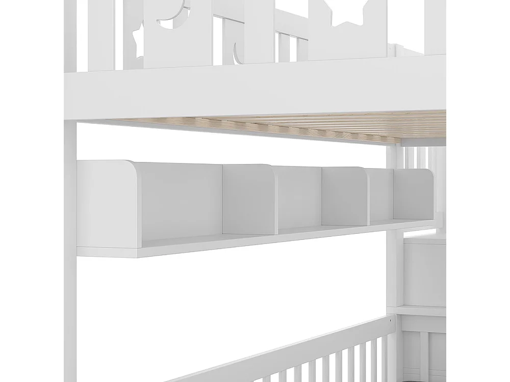 Lit mezzanine enfant 90x200 cm bureau 2 en 1 échelle barrière étoiles lune blanc