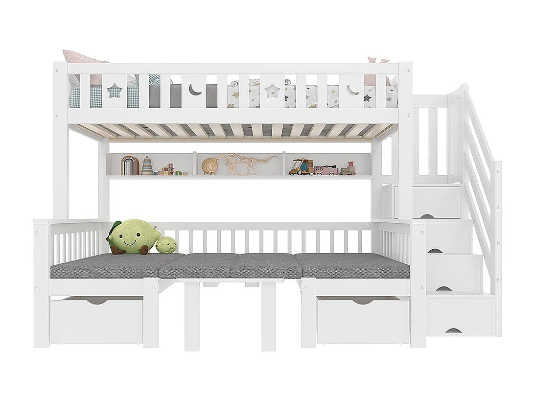 Lit mezzanine enfant 90x200 cm bureau 2 en 1 échelle barrière étoiles lune blanc