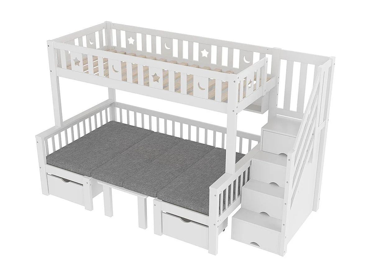 Lit mezzanine enfant 90x200 cm bureau 2 en 1 échelle barrière étoiles lune blanc