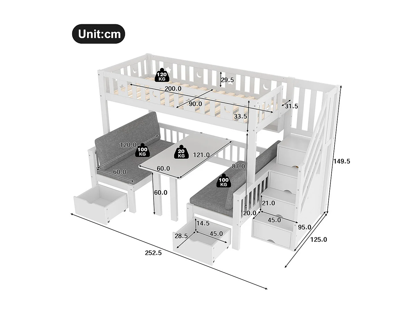 Lit mezzanine enfant 90x200 cm bureau 2 en 1 échelle barrière étoiles lune blanc