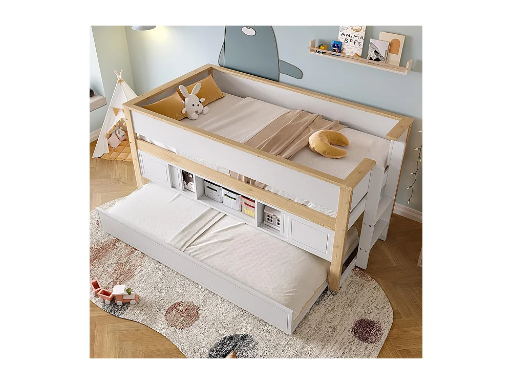 Lit mi hauteur lit mezzanine enfant 90x200 cm gigogne superposé rangement sans matelas blanc naturel
