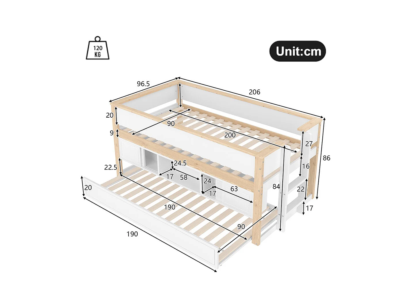 Lit mi hauteur lit mezzanine enfant 90x200 cm gigogne superposé rangement sans matelas blanc naturel