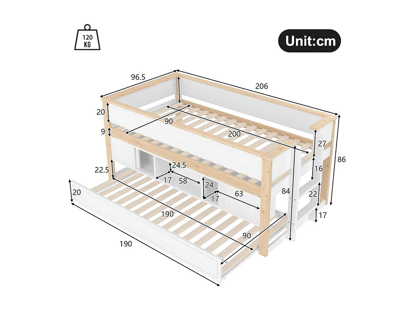 Lit mi hauteur lit mezzanine enfant 90x200 cm gigogne superposé rangement sans matelas blanc naturel