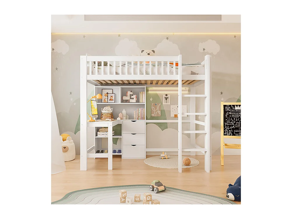 Lit mezzanine 90x200 cm rangement échelle bureau 3 tiroirs sans matelas blanc