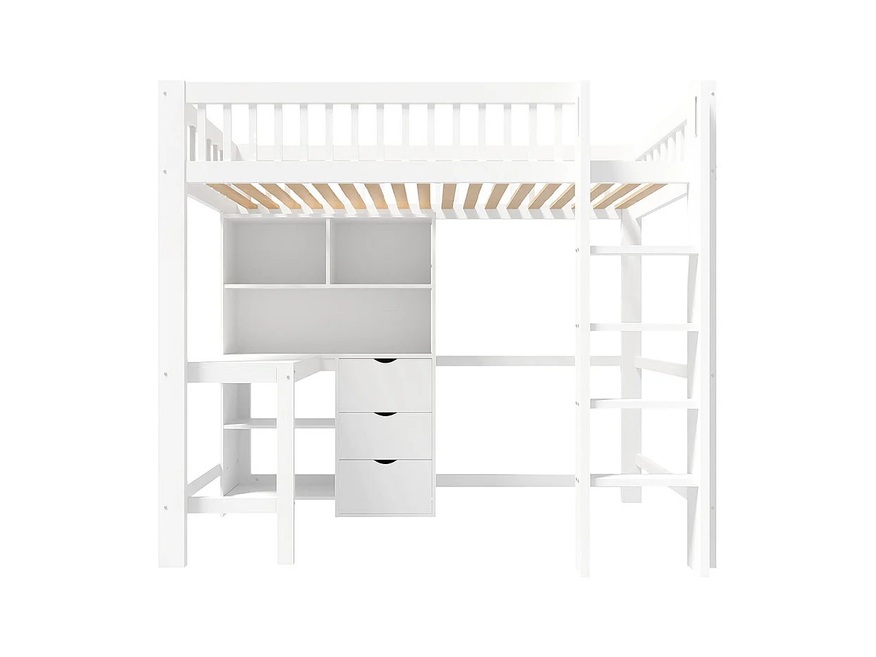 Lit mezzanine 90x200 cm rangement échelle bureau 3 tiroirs sans matelas blanc
