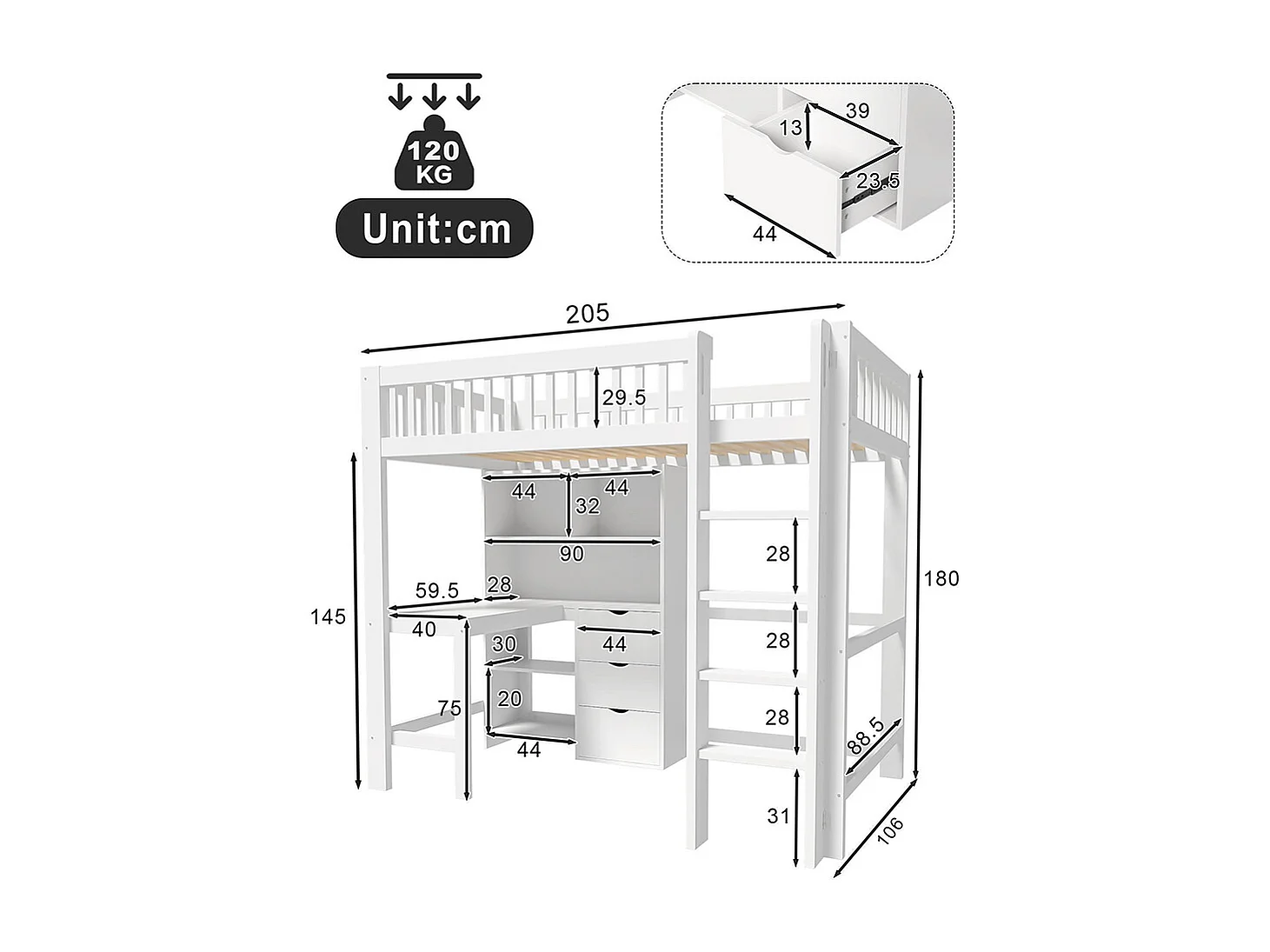Lit mezzanine 90x200 cm rangement échelle bureau 3 tiroirs sans matelas blanc