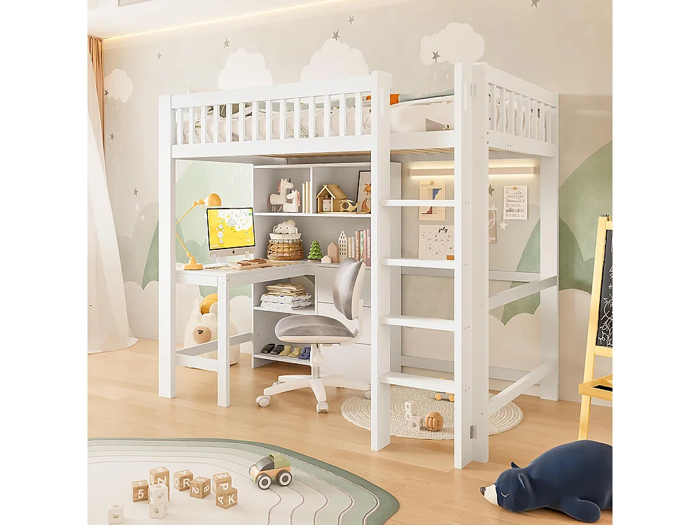 Lit mezzanine 90x200 cm rangement échelle bureau 3 tiroirs sans matelas blanc