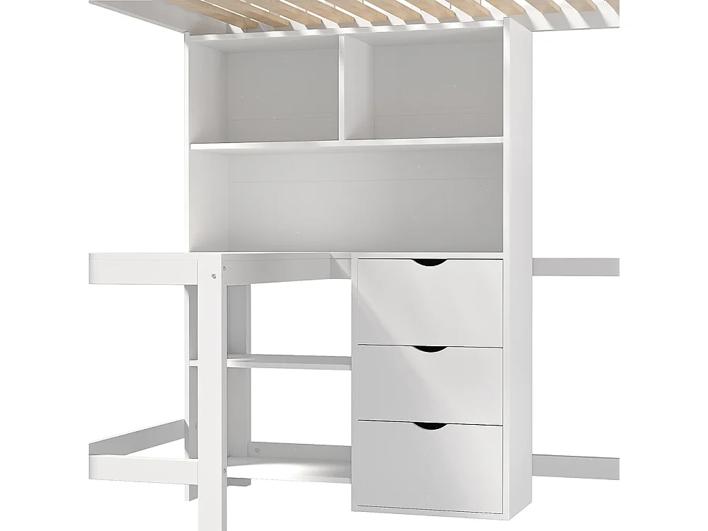 Lit mezzanine 90x200 cm rangement échelle bureau 3 tiroirs sans matelas blanc
