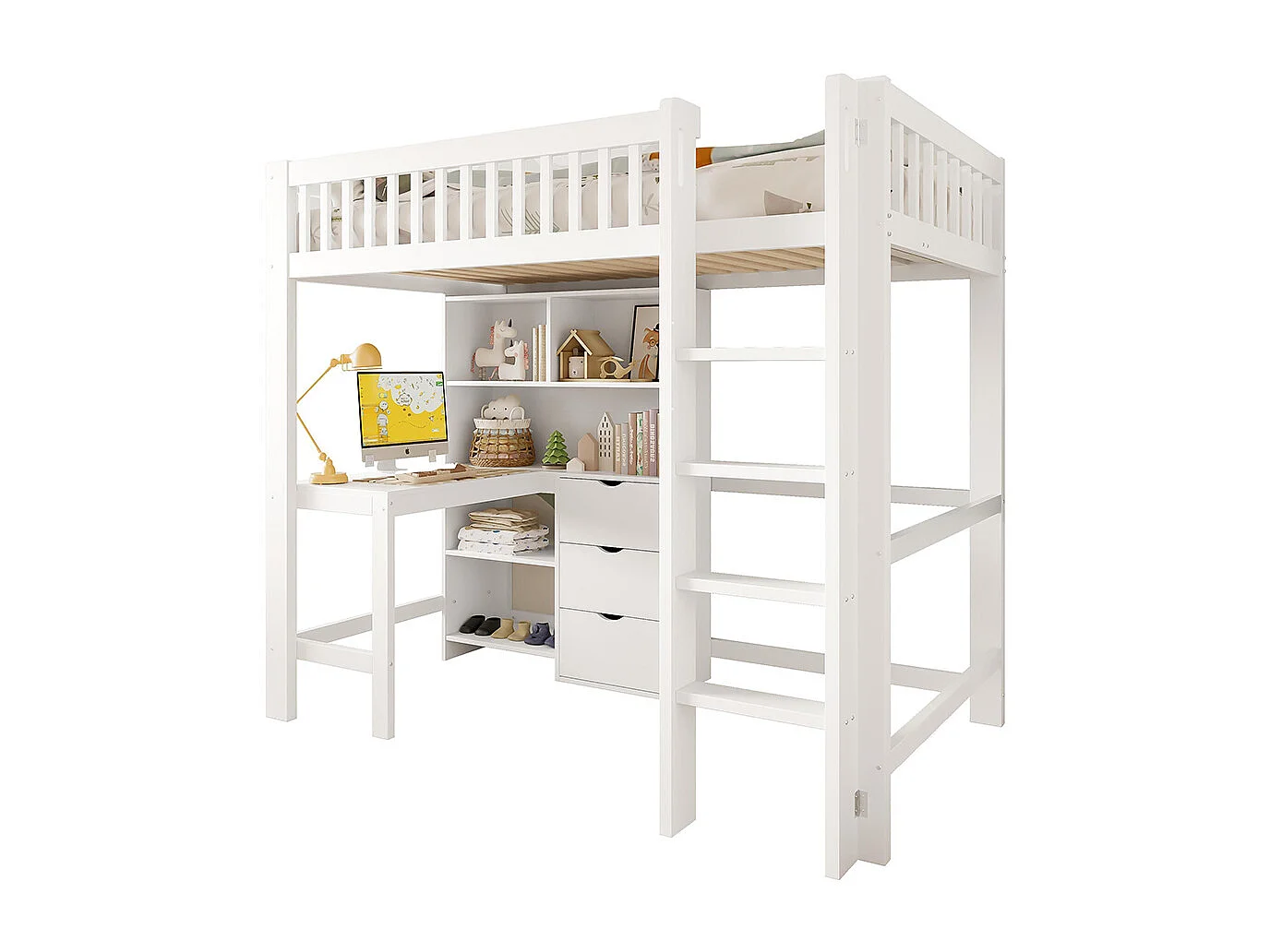 Lit mezzanine 90x200 cm rangement échelle bureau 3 tiroirs sans matelas blanc