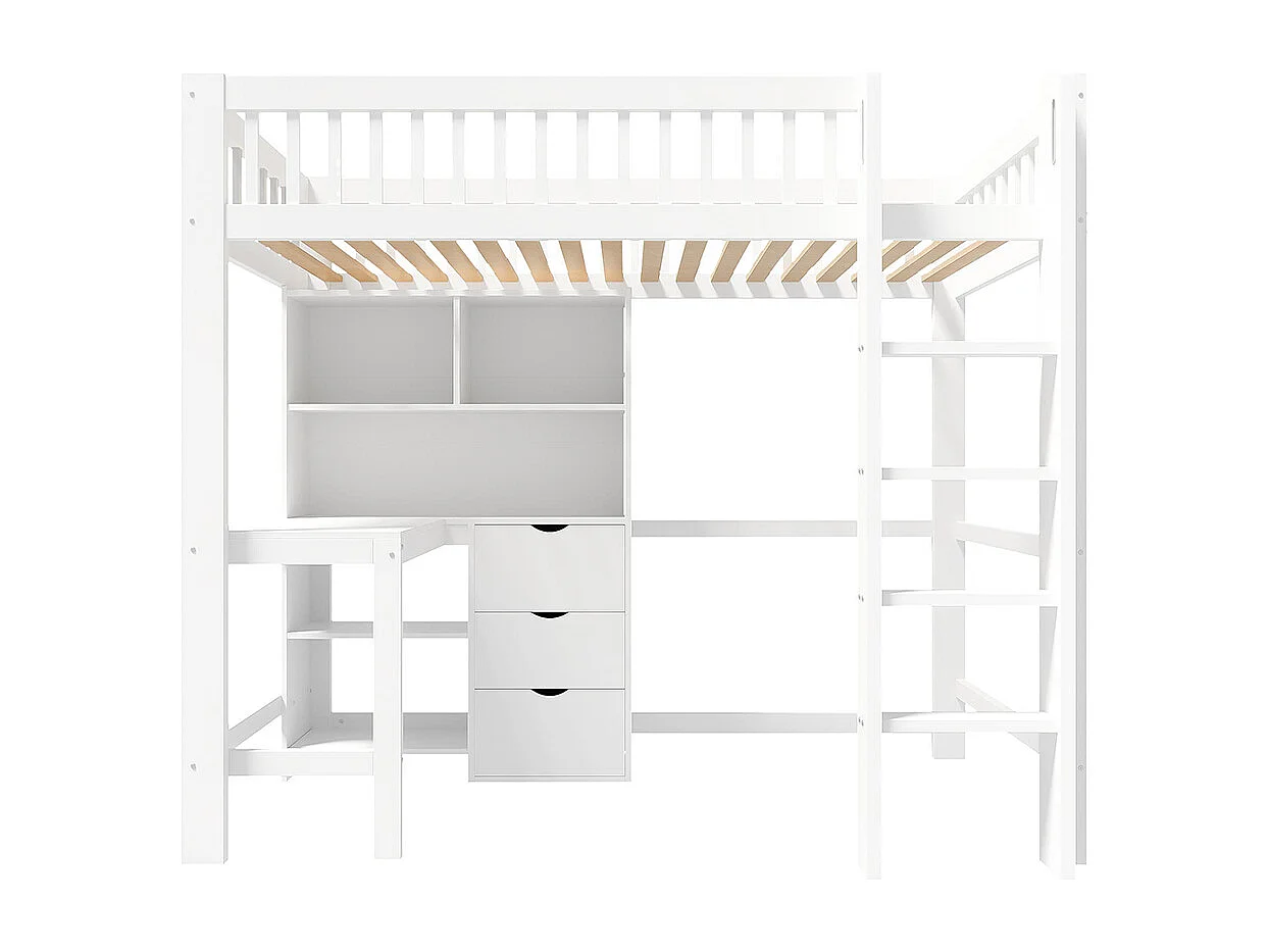 Lit mezzanine 90x200 cm rangement échelle bureau 3 tiroirs sans matelas blanc