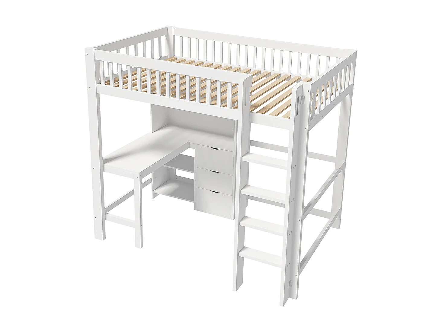 Lit mezzanine 90x200 cm rangement échelle bureau 3 tiroirs sans matelas blanc