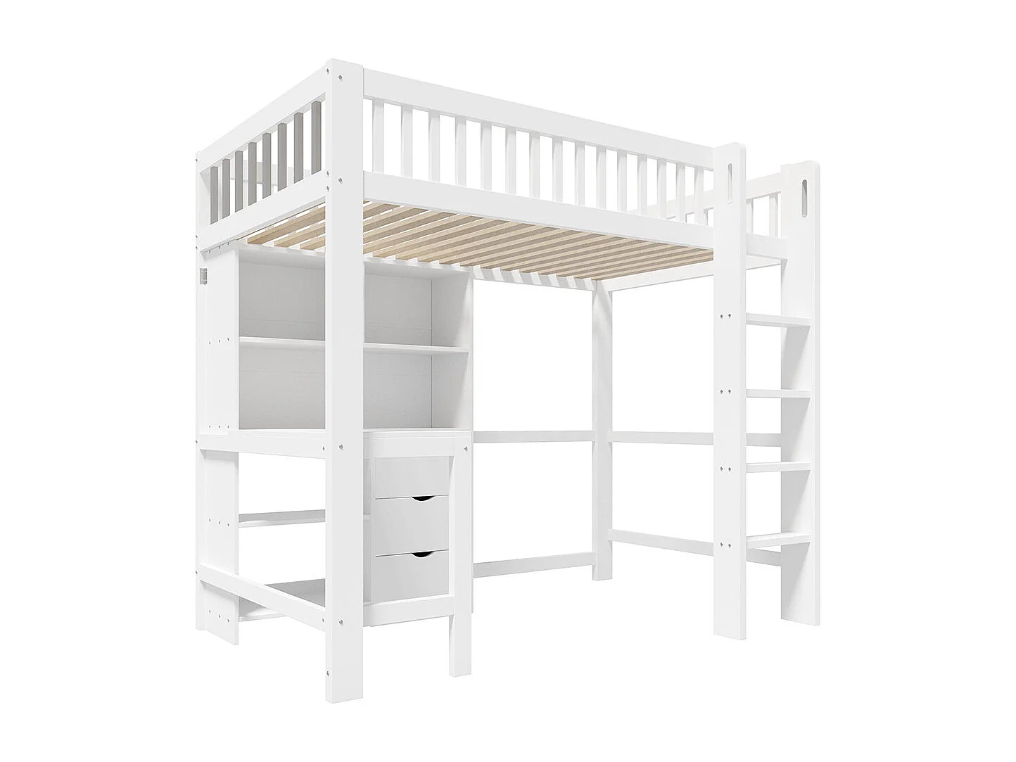 Lit mezzanine 90x200 cm rangement échelle bureau 3 tiroirs sans matelas blanc