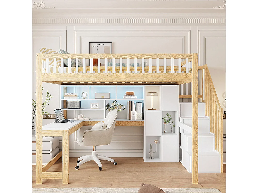 Lit mezzanine 140x200 cm LED échelle rangement étagères bureau sans matelas blanc naturel