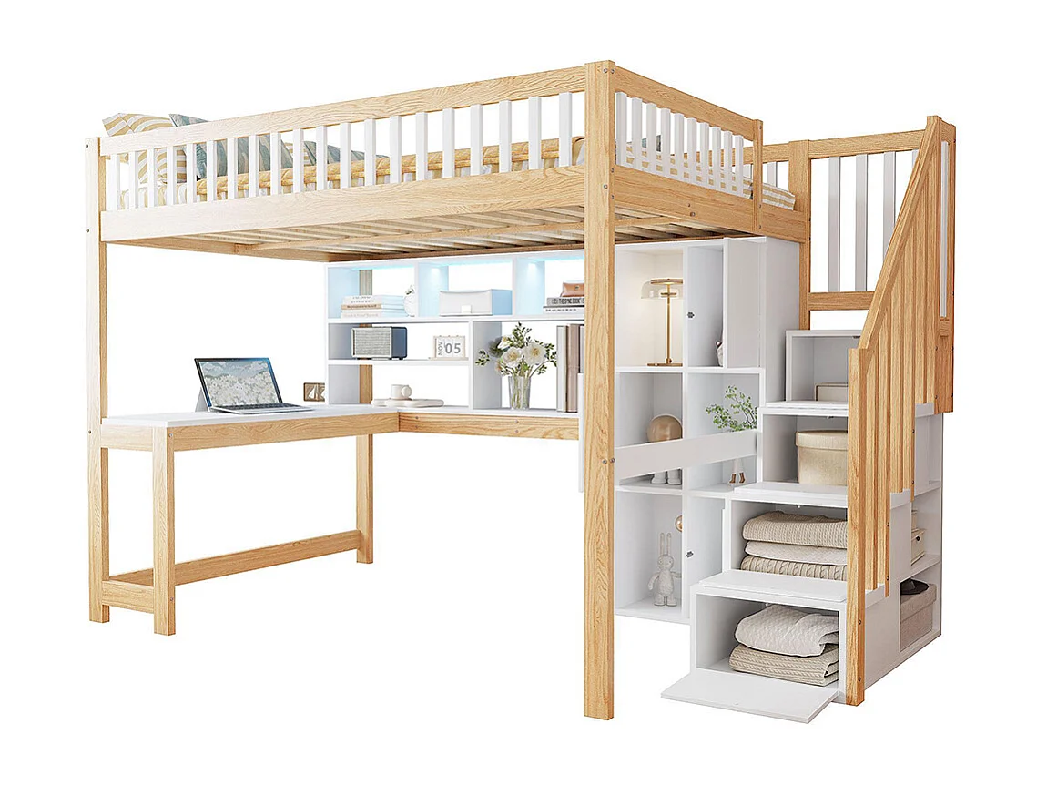 Lit mezzanine 140x200 cm LED échelle rangement étagères bureau sans matelas blanc naturel