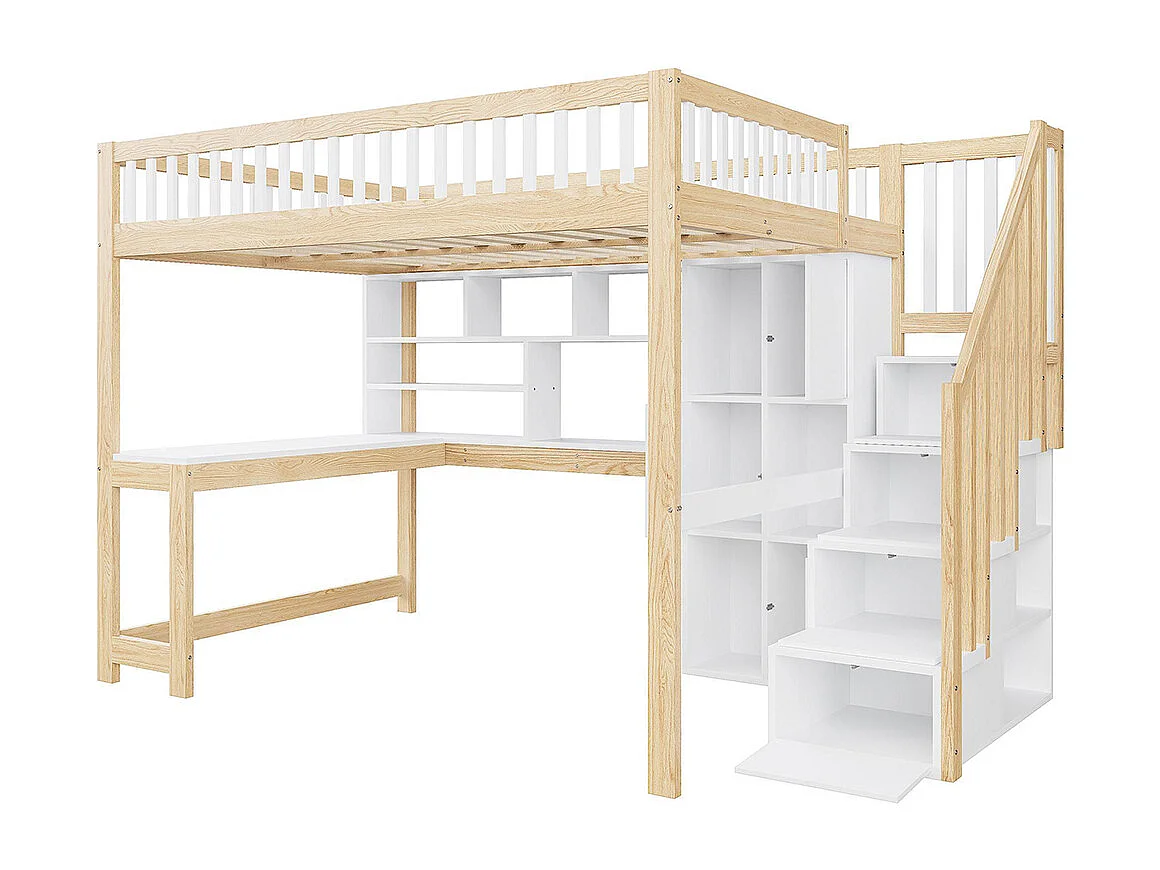 Lit mezzanine 140x200 cm LED échelle rangement étagères bureau sans matelas blanc naturel