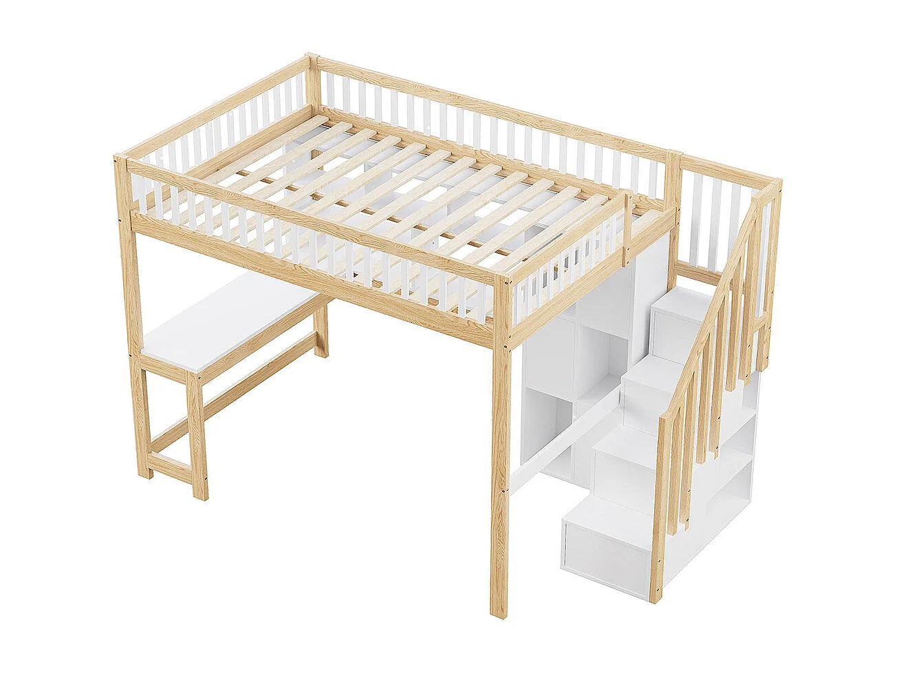 Lit mezzanine 140x200 cm LED échelle rangement étagères bureau sans matelas blanc naturel