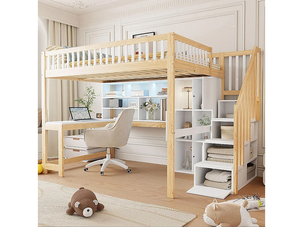 Lit mezzanine 140x200 cm LED échelle rangement étagères bureau sans matelas blanc naturel