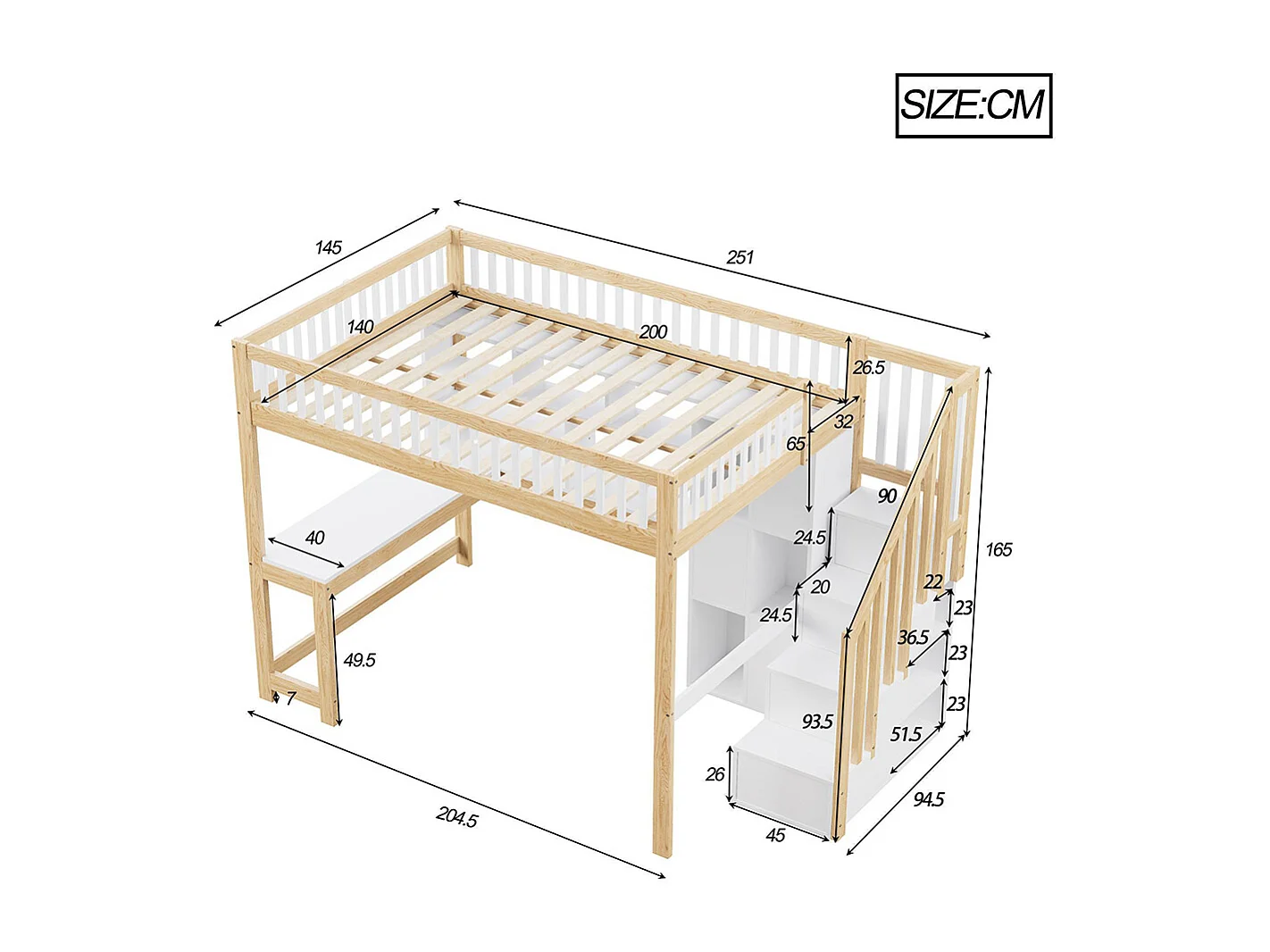 Lit mezzanine 140x200 cm LED échelle rangement étagères bureau sans matelas blanc naturel