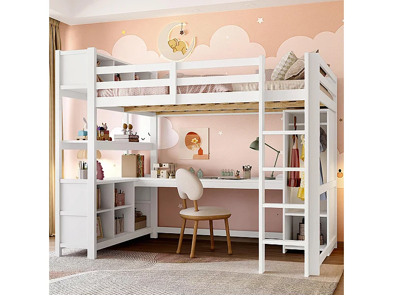 Lit mezzanine 140x200 cm rangement étagères bureau armoire sans matelas blanc