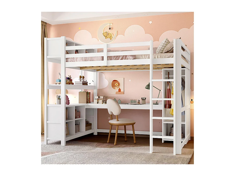 Lit mezzanine 140x200 cm rangement étagères bureau armoire sans matelas blanc