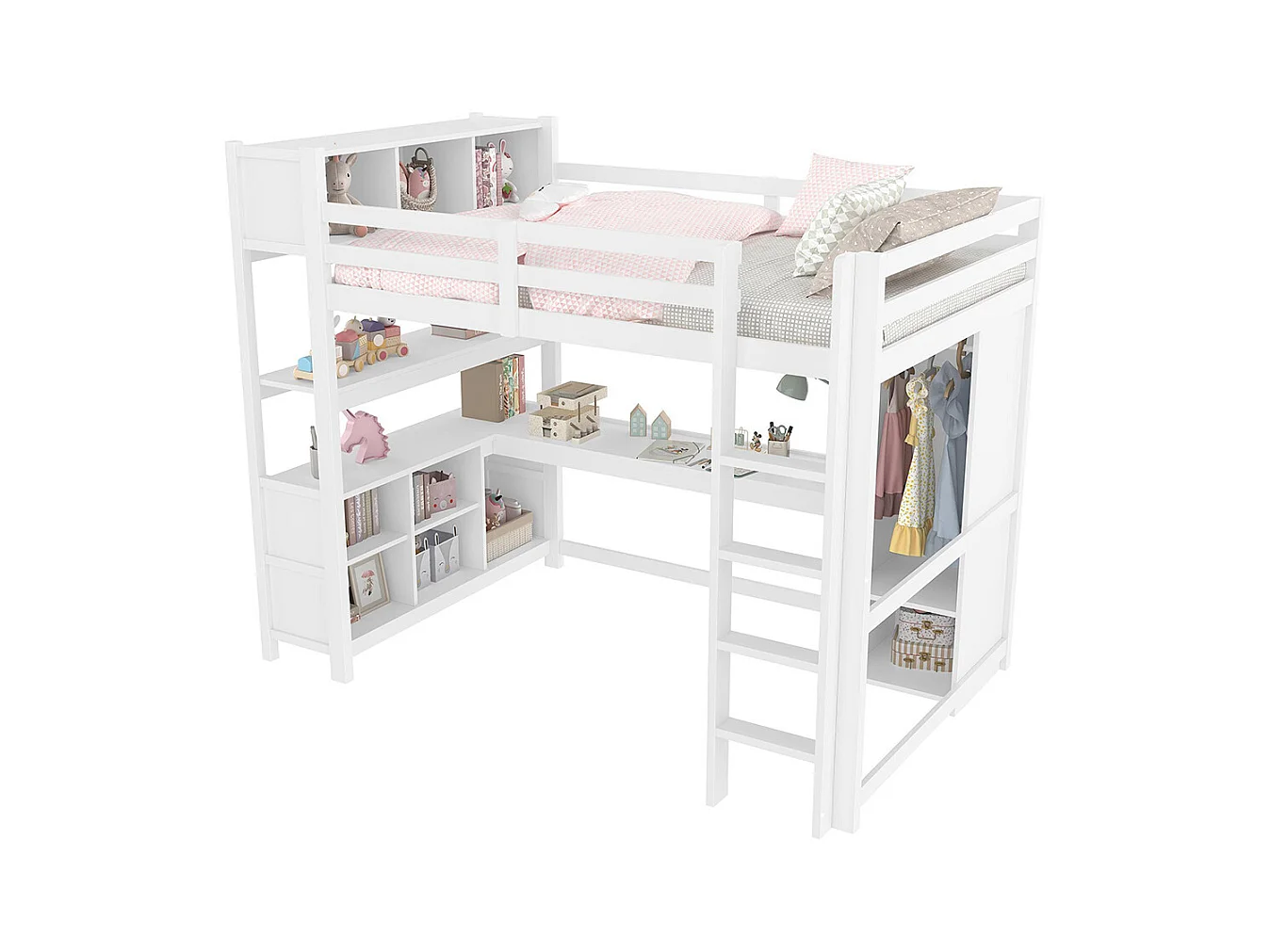 Lit mezzanine 140x200 cm rangement étagères bureau armoire sans matelas blanc