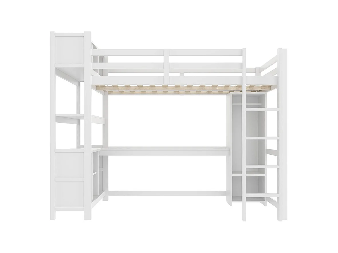 Lit mezzanine 140x200 cm rangement étagères bureau armoire sans matelas blanc