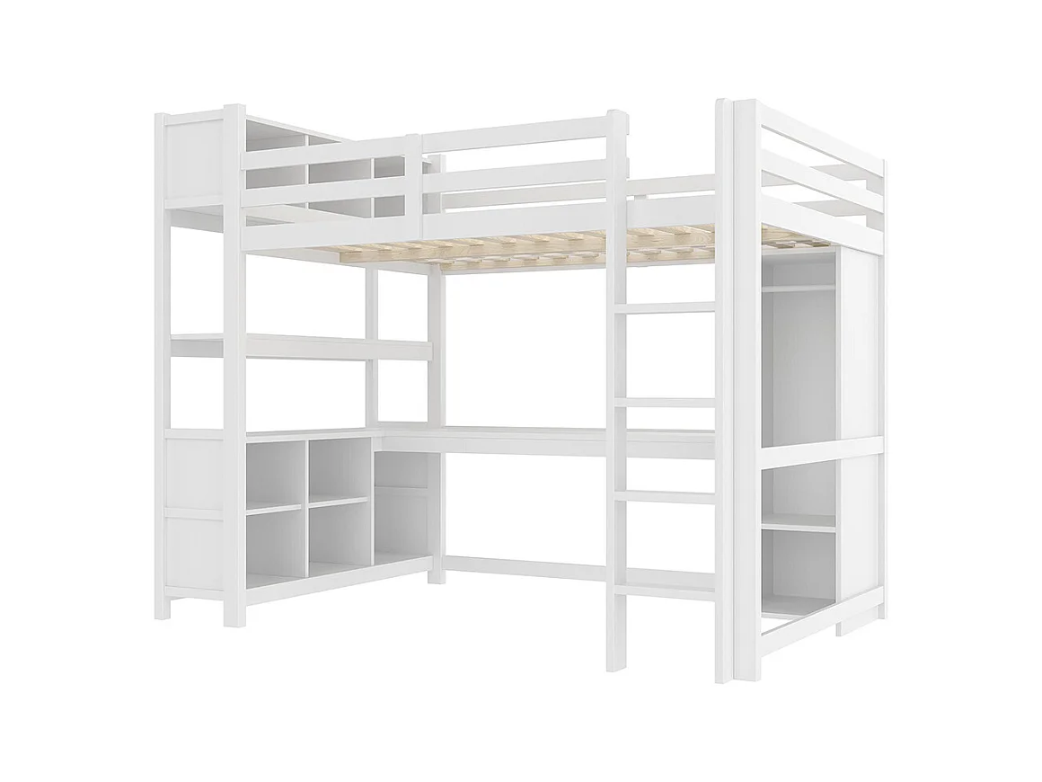 Lit mezzanine 140x200 cm rangement étagères bureau armoire sans matelas blanc