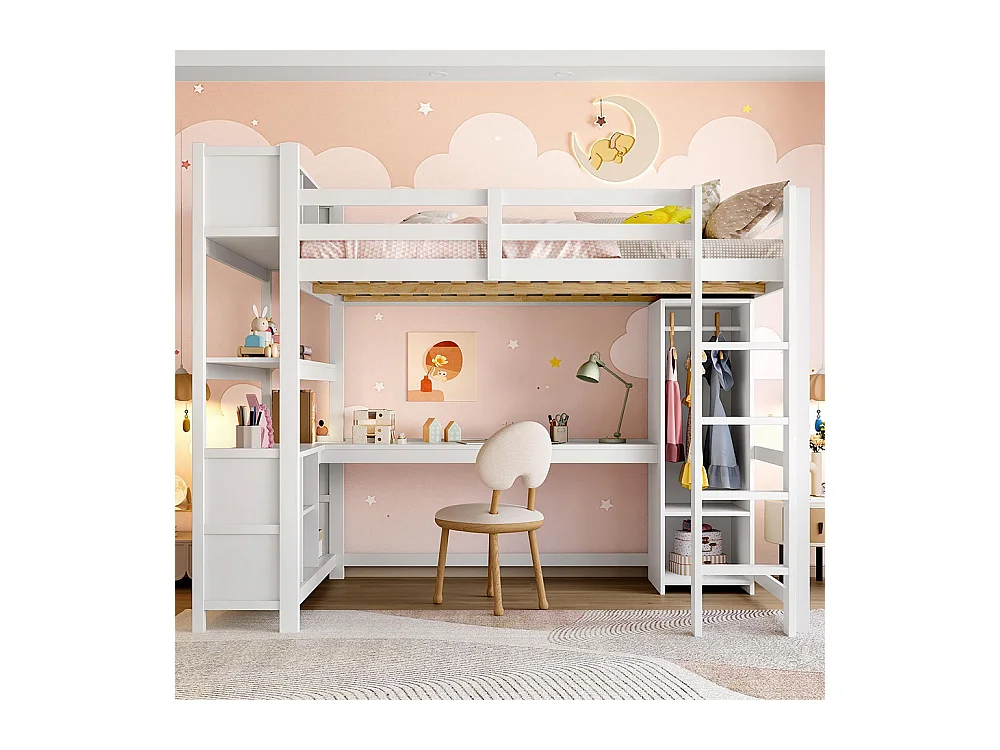 Lit mezzanine 140x200 cm rangement étagères bureau armoire sans matelas blanc