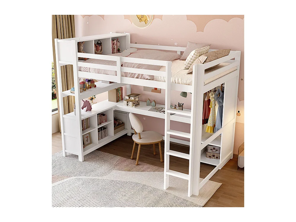 Lit mezzanine 140x200 cm rangement étagères bureau armoire sans matelas blanc