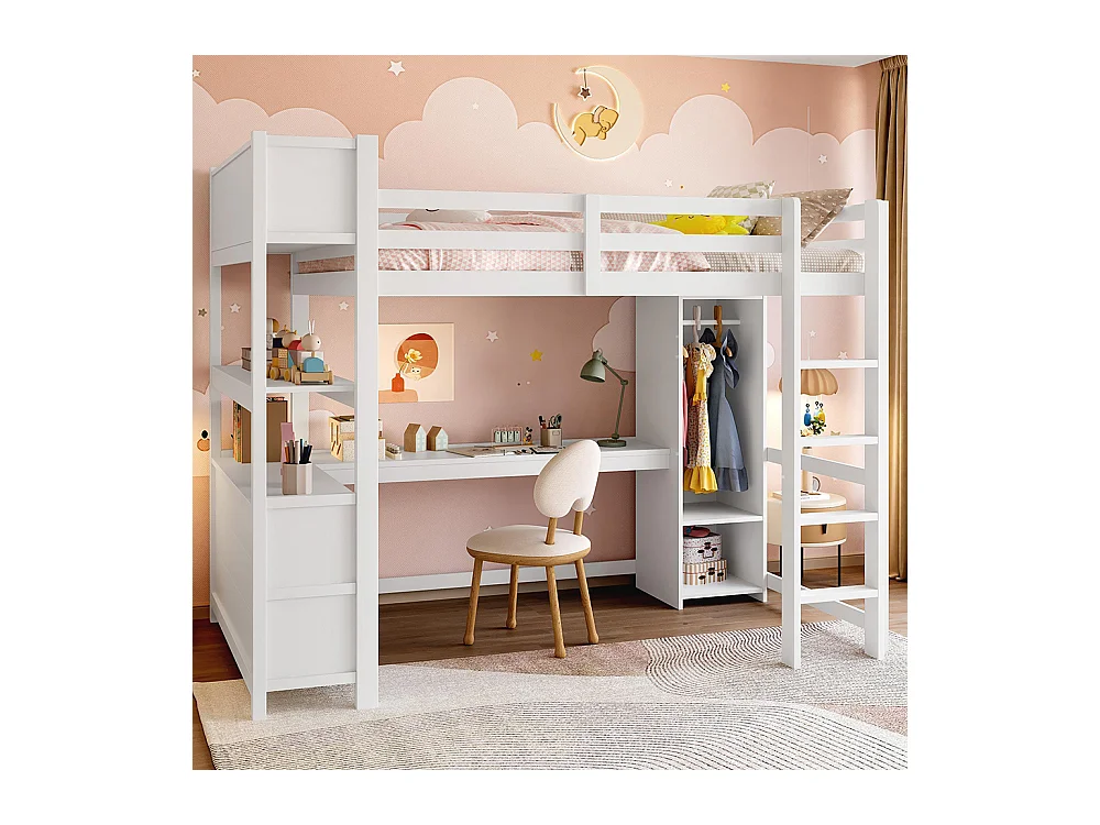 Lit mezzanine 140x200 cm rangement étagères bureau armoire sans matelas blanc