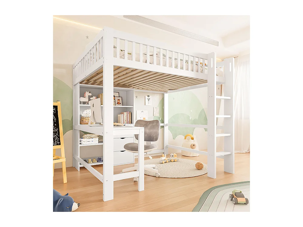 Lit mezzanine 140x200 cm rangement échelle bureau 3 tiroirs sans matelas blanc