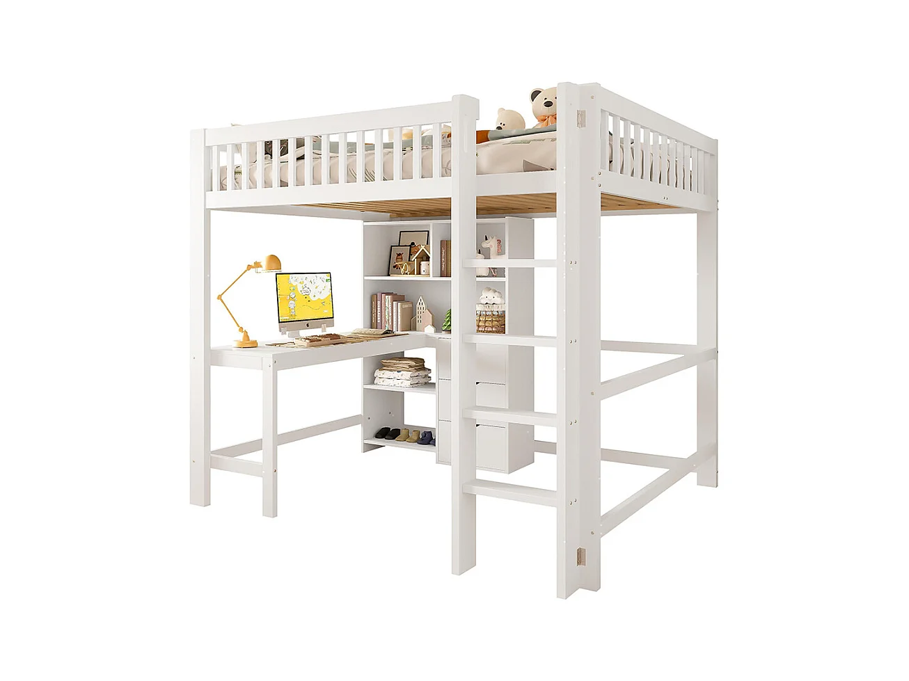 Lit mezzanine 140x200 cm rangement échelle bureau 3 tiroirs sans matelas blanc