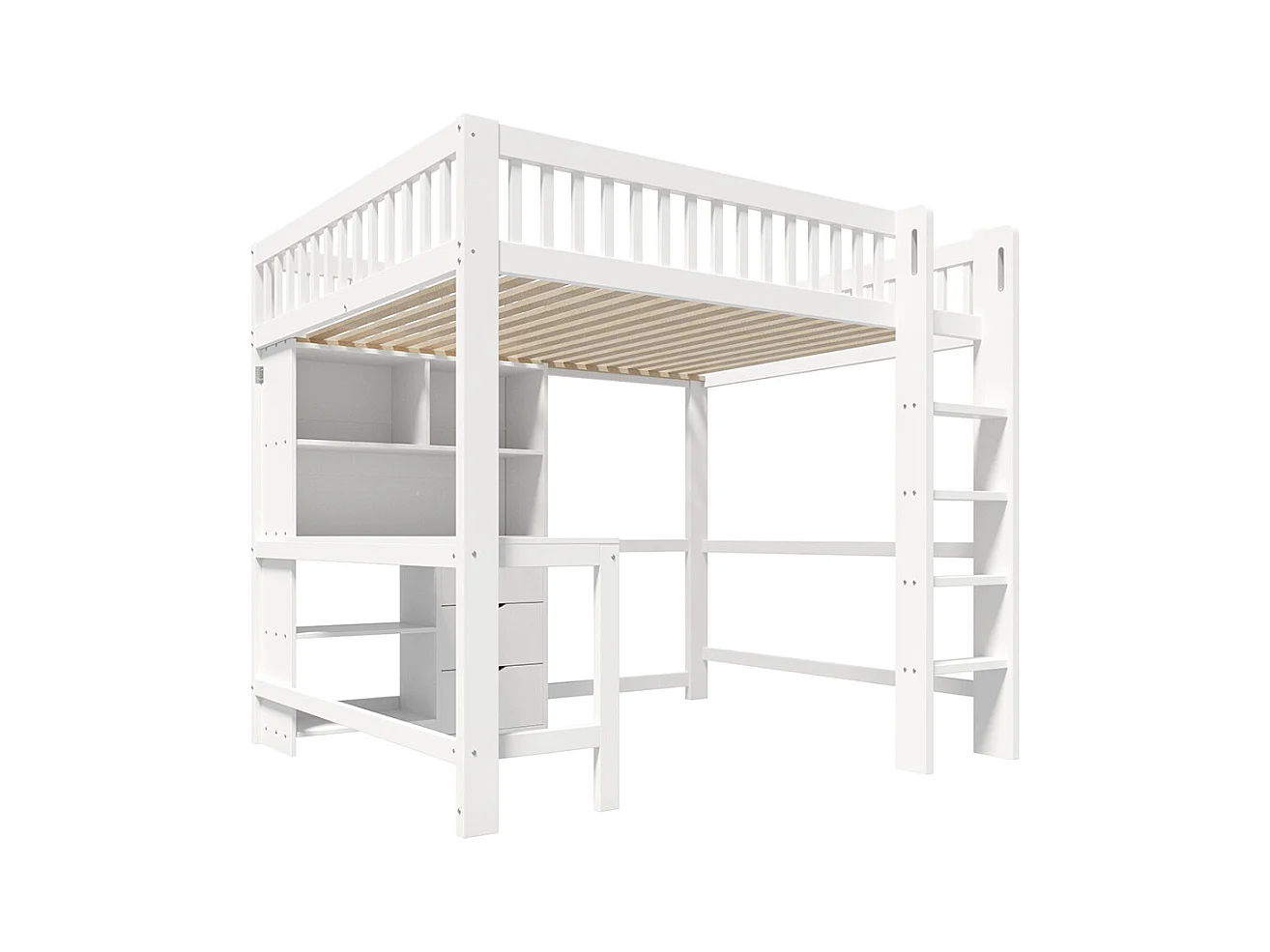 Lit mezzanine 140x200 cm rangement échelle bureau 3 tiroirs sans matelas blanc