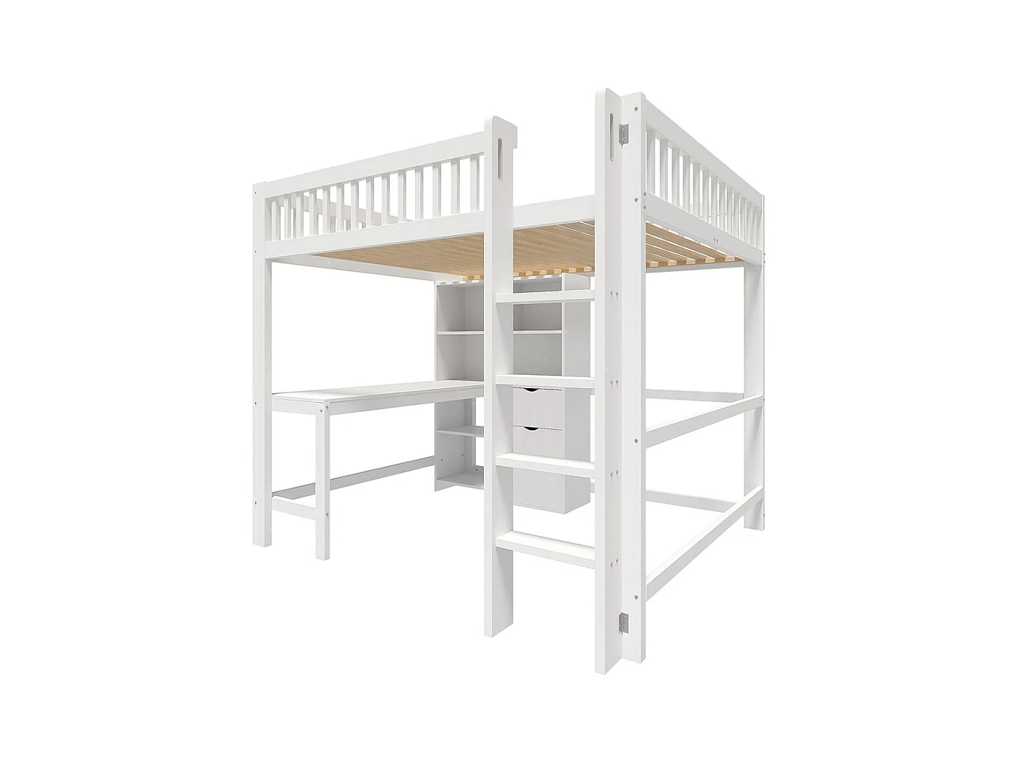 Lit mezzanine 140x200 cm rangement échelle bureau 3 tiroirs sans matelas blanc