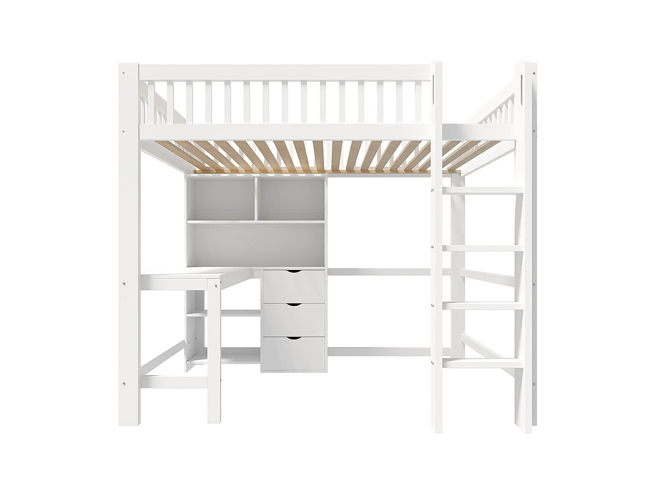 Lit mezzanine 140x200 cm rangement échelle bureau 3 tiroirs sans matelas blanc