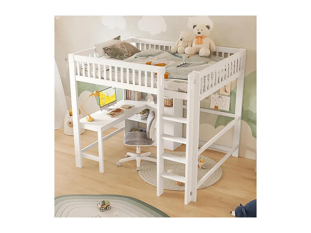 Lit mezzanine 140x200 cm rangement échelle bureau 3 tiroirs sans matelas blanc